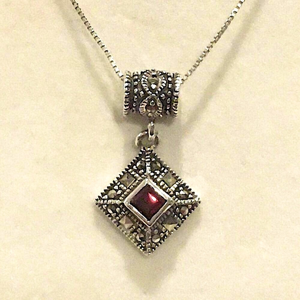 Art Deco Red Garnet Marcasite Sterling Silver Vintage Necklace